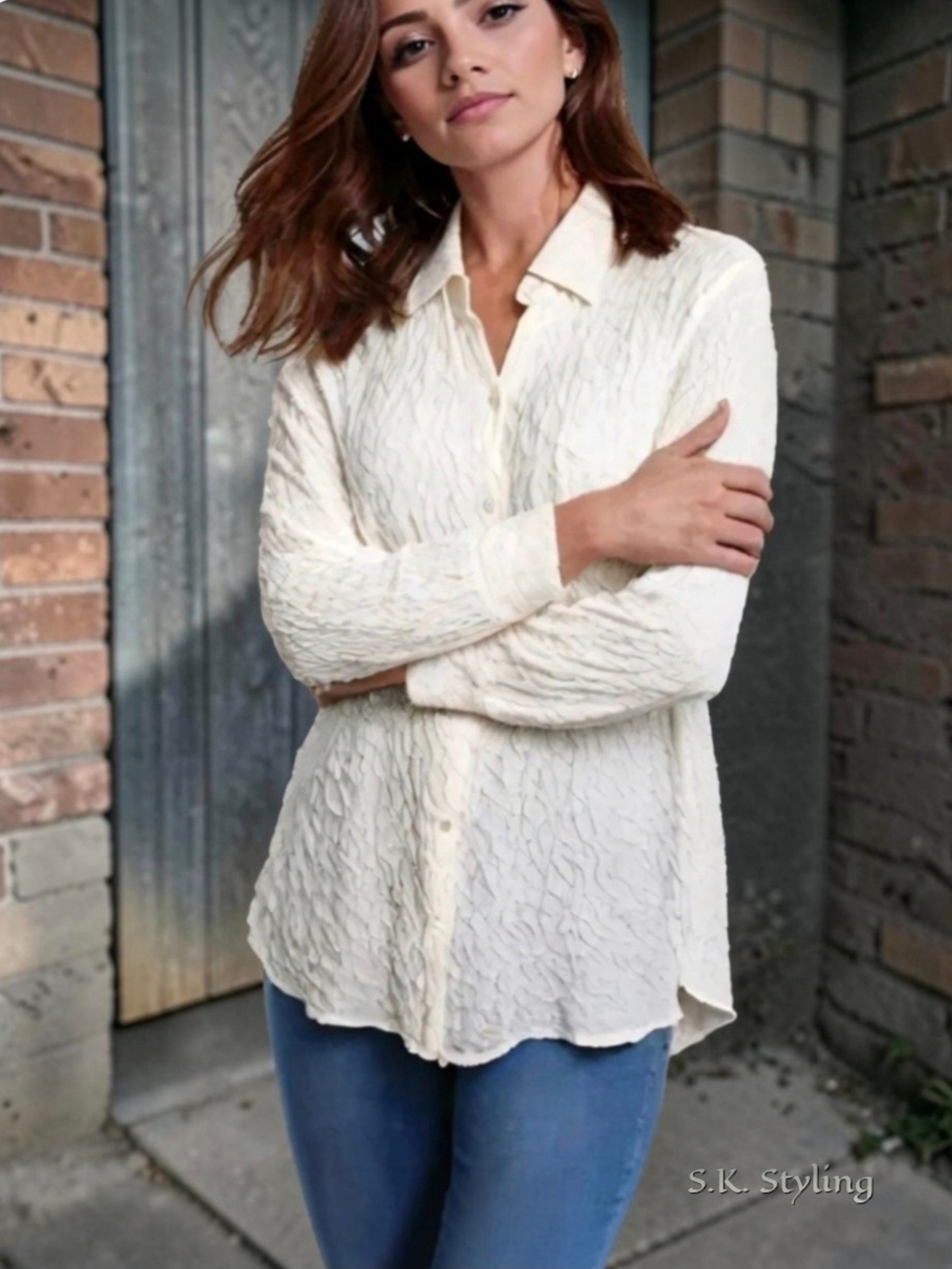 Vtg 90's Chico’s Design Silky Cream Plisse/Textured Flowy Blouse Hong Kong L/XL